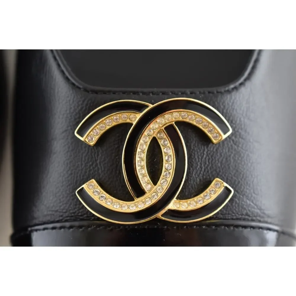 Chanel 25P Black Patent Gold CC Slingback Ankle Strap Ballerina Ballet Flat 40.5